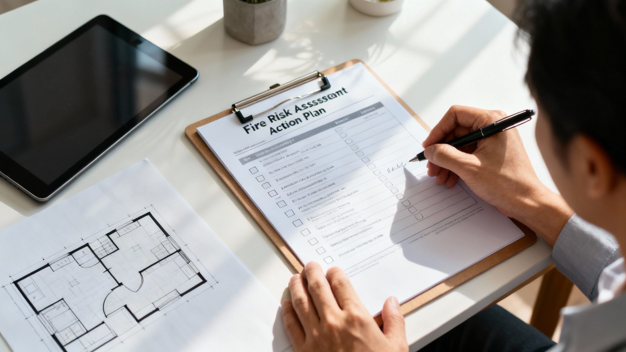 Person writing on a fire risk assessment action plan document next to a tablet and floor plan.