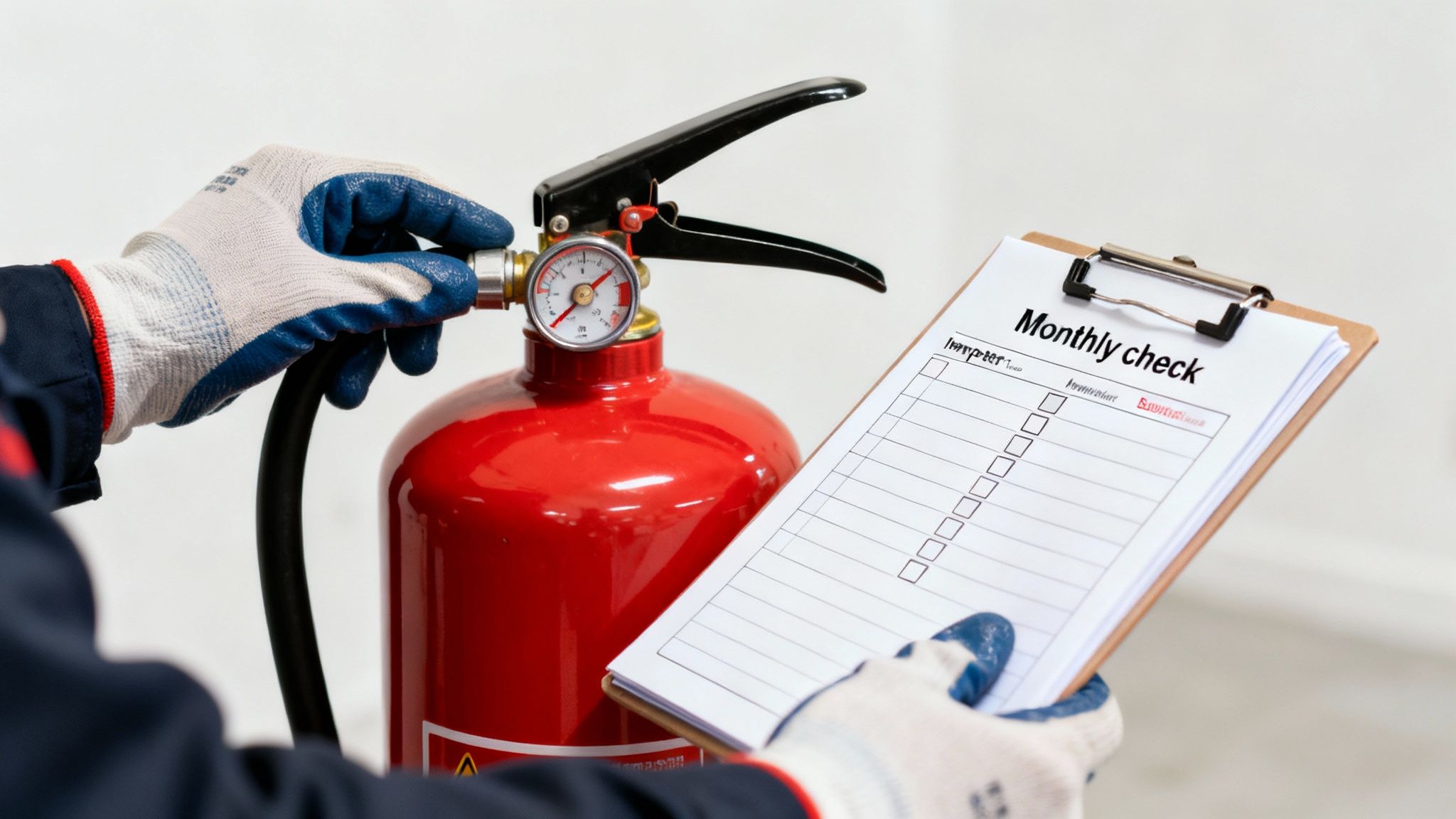 A gloved person performs a monthly check on a red fire extinguisher while holding a checklist.