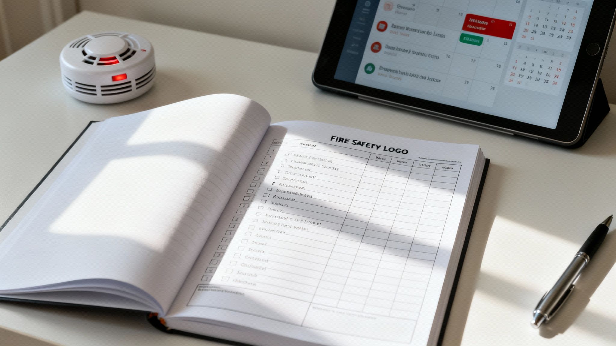 A smoke detector with a red light, fire safety logbook, tablet, and pen on a white desk.