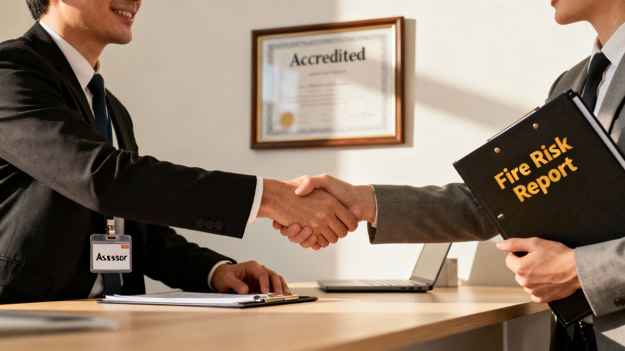 Two business professionals shaking hands after a fire risk assessment, with an 'Accredited' certificate in the background.