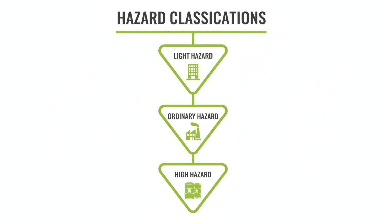 Flowchart illustrating three hazard classifications: Light, Ordinary, and High, with corresponding icons.