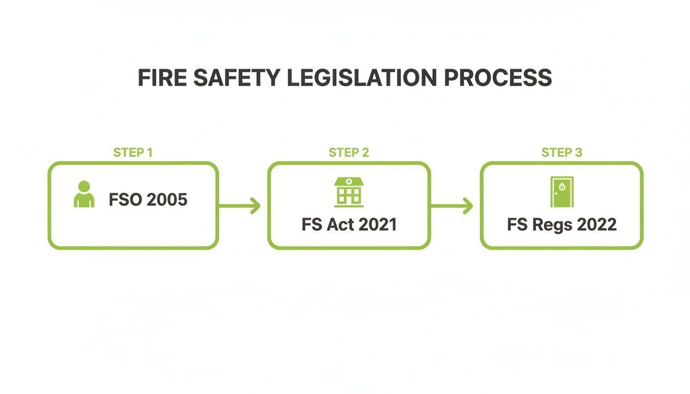 Flowchart illustrating the fire safety legislation process with three steps: FSO 2005, FS Act 2021, and FS Regs 2022.