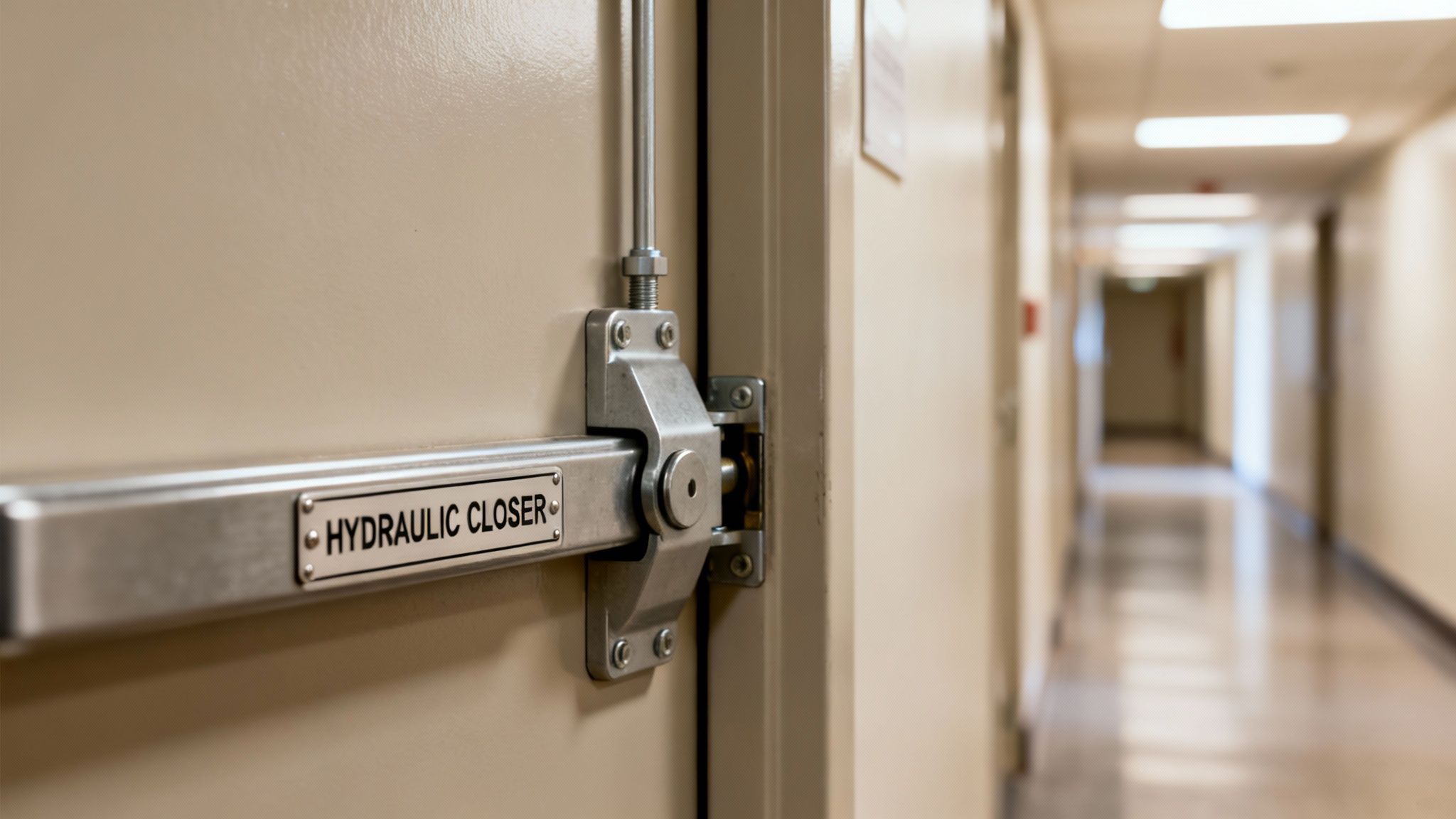 A beige commercial fire door with a silver 'HYDRAULIC CLOSER' bar and blurry hallway.