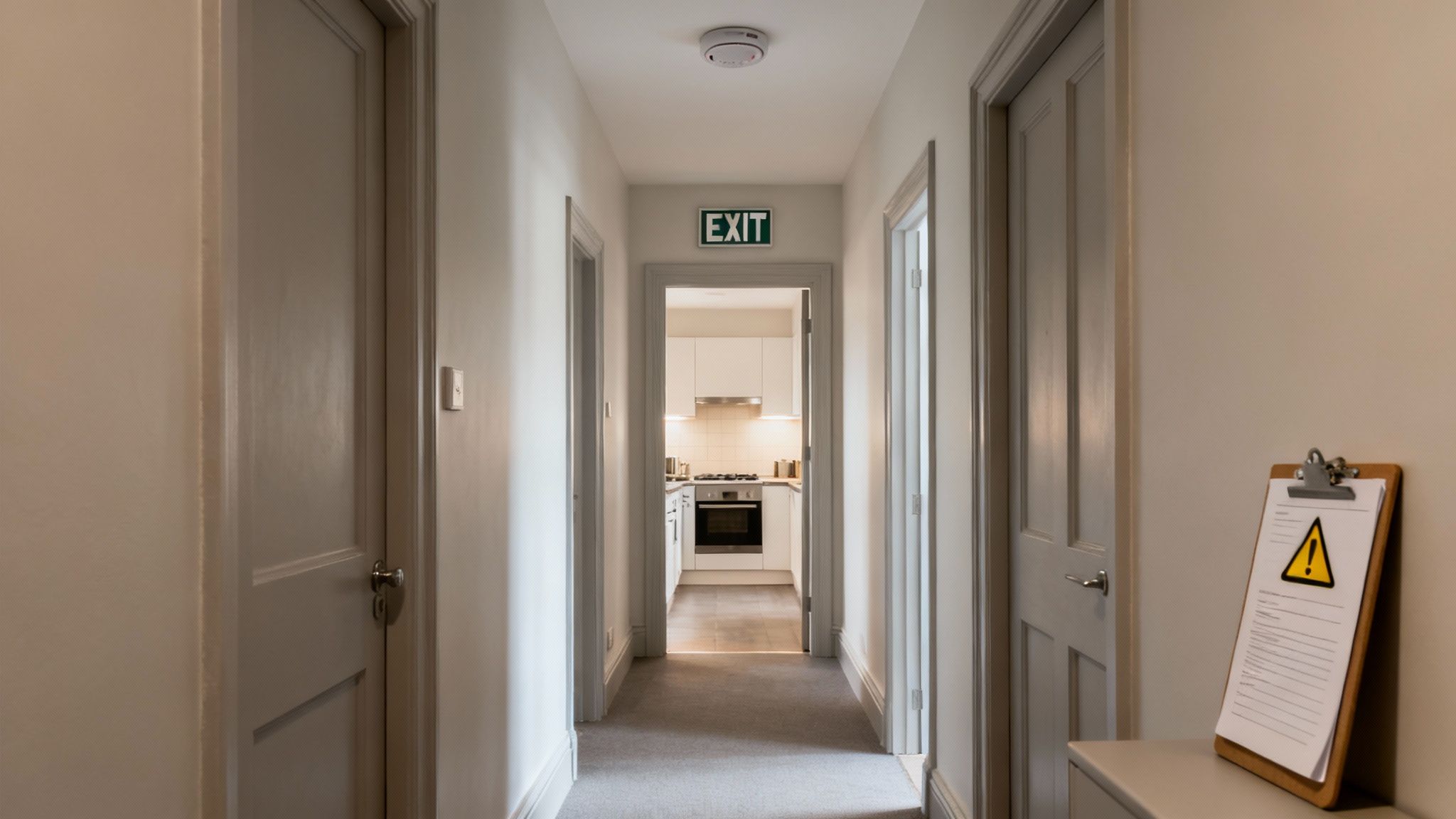 A brightly lit hallway featuring an EXIT sign, smoke detector, and view into a modern kitchen, with a fire risk assessment checklist on a table.