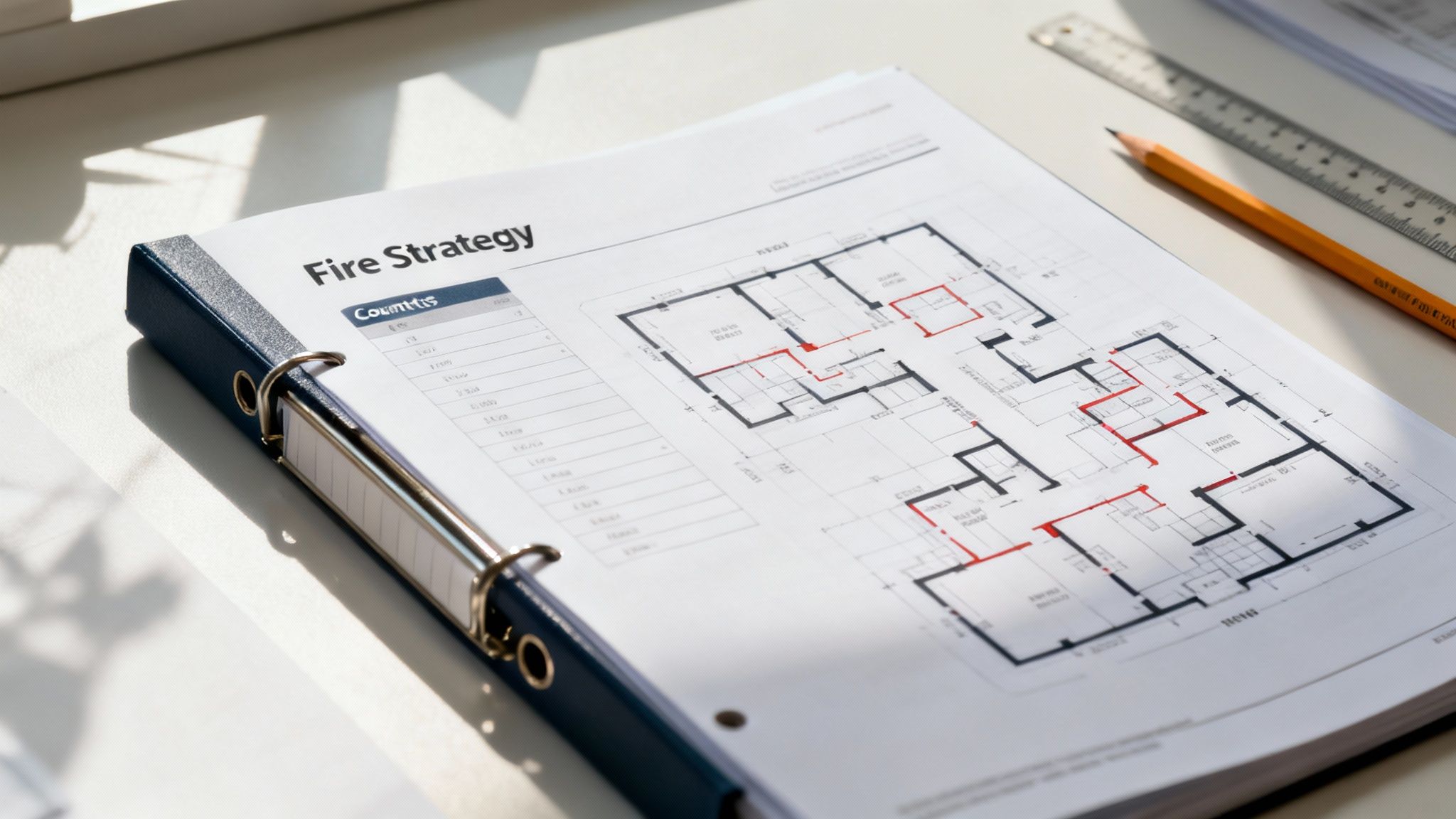 A close-up of a fire strategy document showing a floor plan with red markings on a desk.
