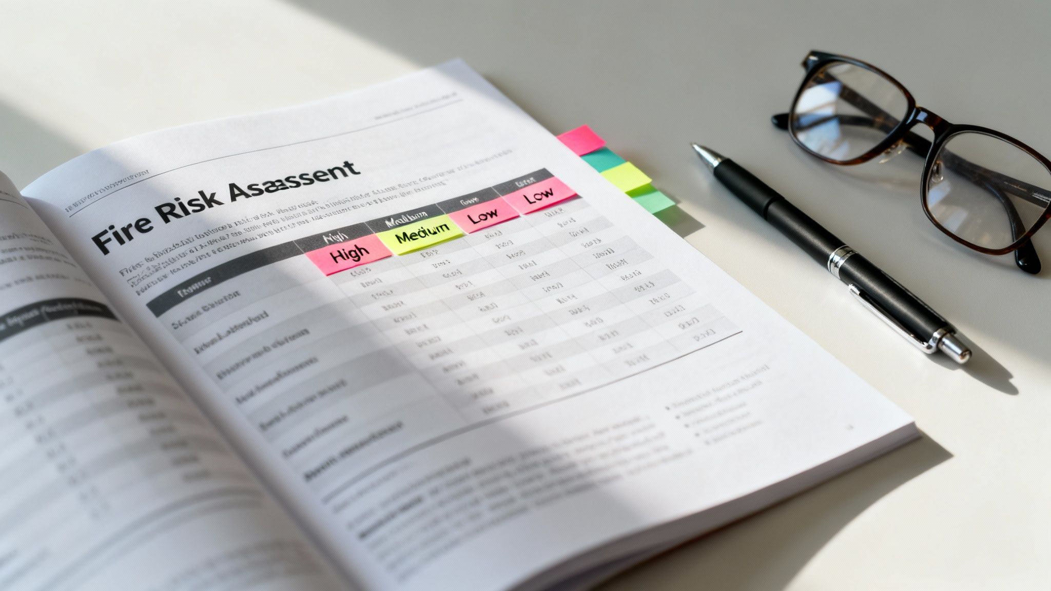 Open document titled 'Fire Risk Assessment' with high, medium, low sticky notes, pen, and glasses.