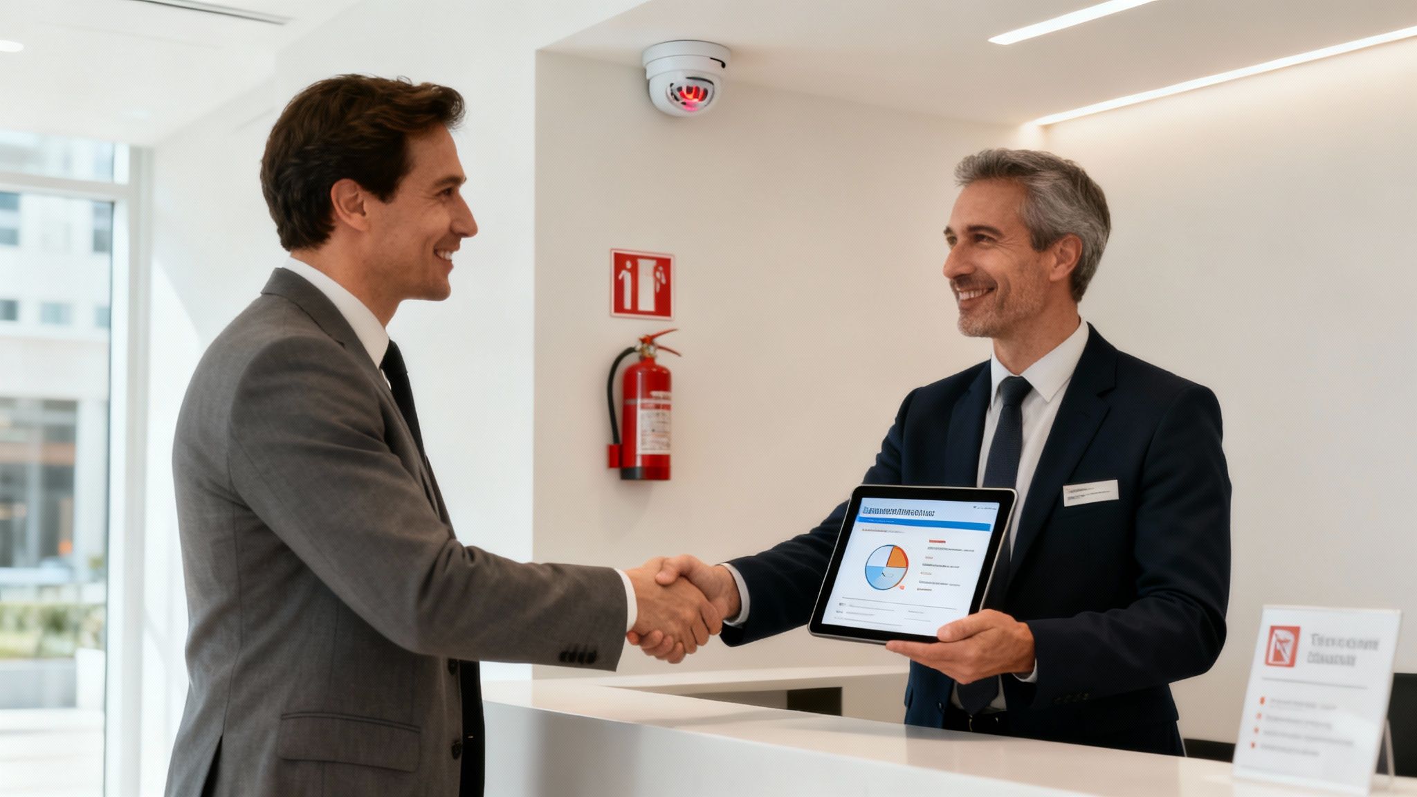 Two smiling businessmen shake hands at a reception desk, one displays a financial chart on a tablet.