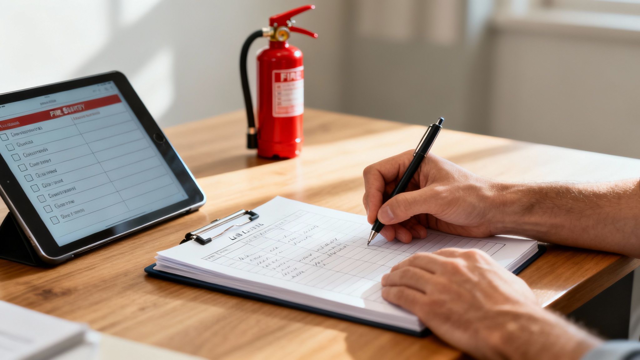 A person writing on a fire safety checklist on a clipboard, next to a tablet and a fire extinguisher.