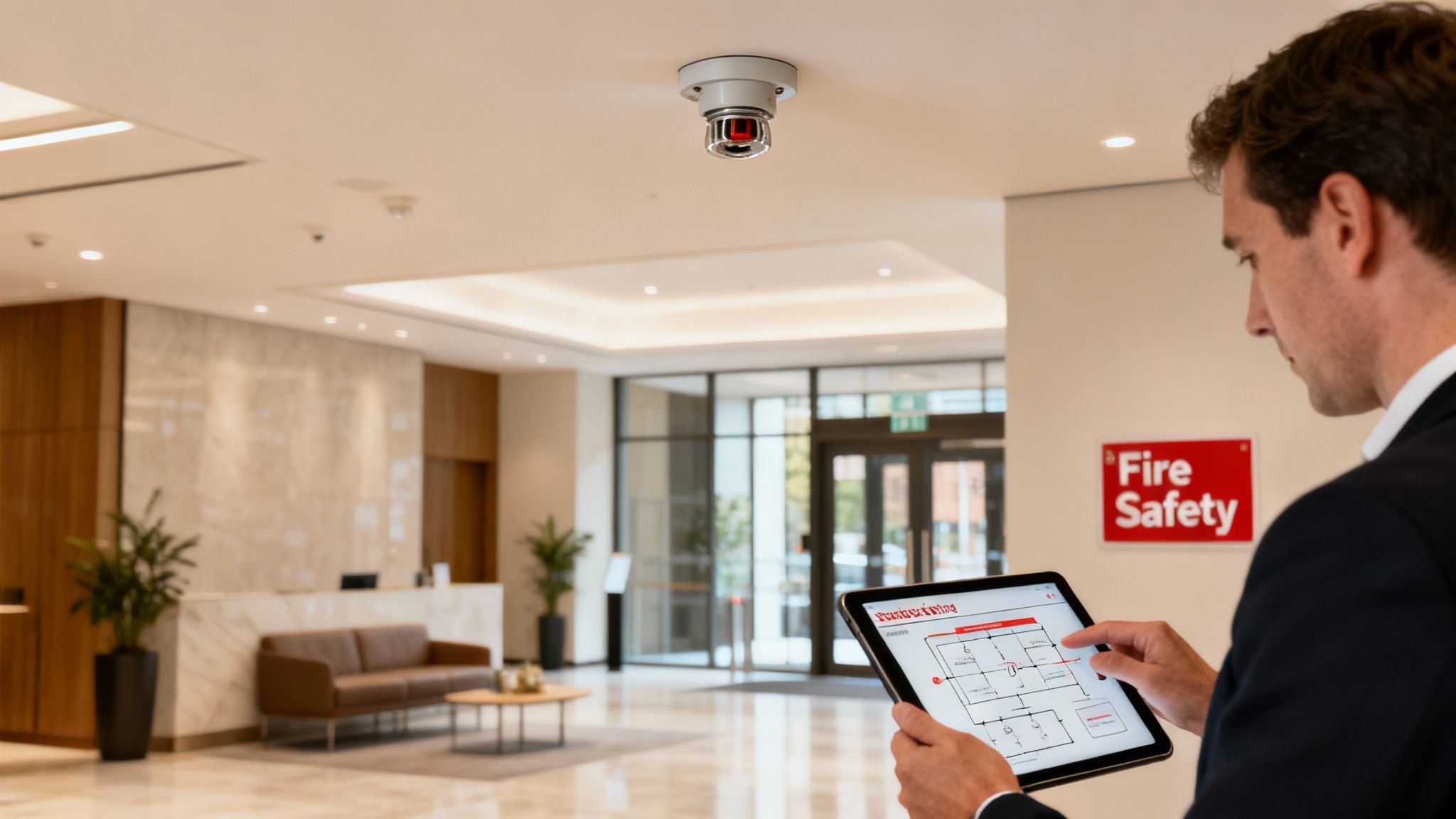 Man checking a fire safety system diagram on a tablet in a modern building lobby with a ceiling-mounted fire detector.