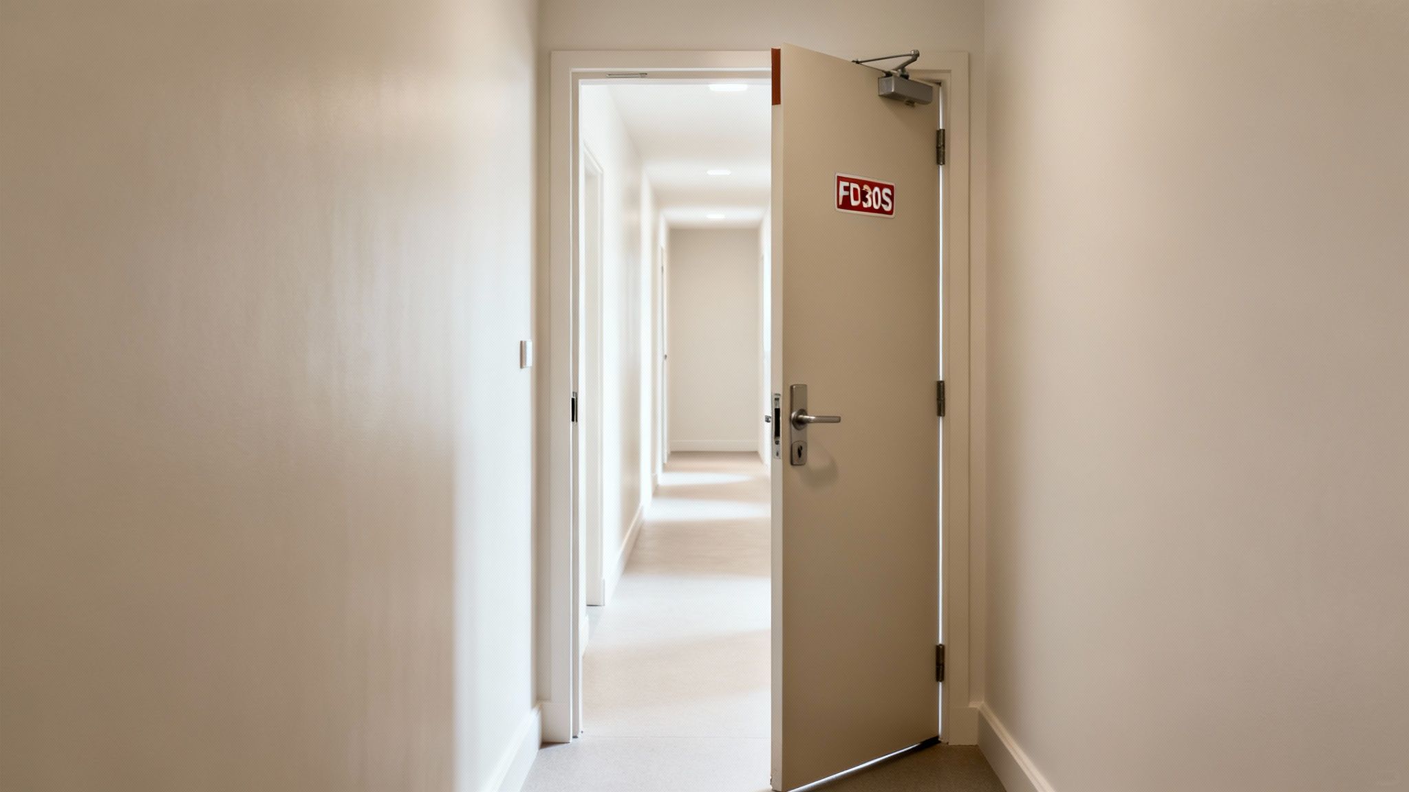 An open fire-rated door with "FD30S" label in a bright, empty building hallway.
