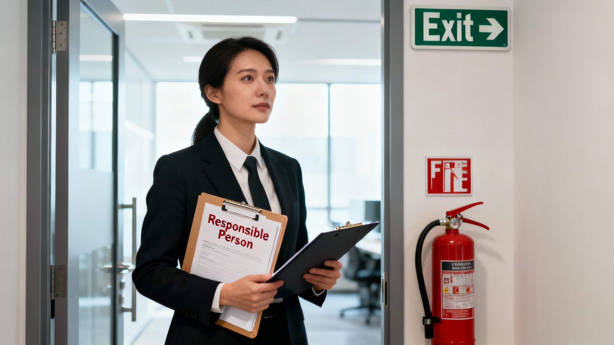 A woman in a business suit holds clipboards with 'Responsible Person' near fire safety equipment and an exit sign in an office.