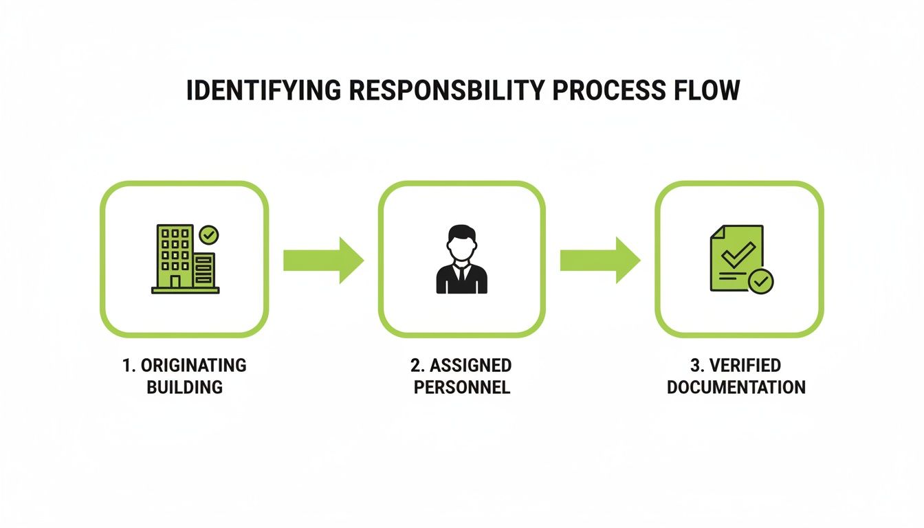 Identifying responsibility process flow showing three steps: originating building, assigned personnel, and verified documentation.