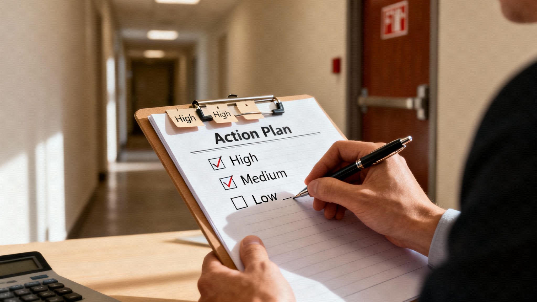 Hands checking 'High' and 'Medium' priorities on an 'Action Plan' clipboard, planning tasks.