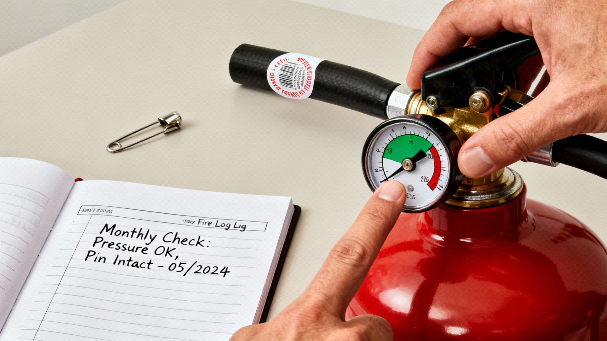 A person checks a red fire extinguisher gauge in the green zone, next to a maintenance logbook.