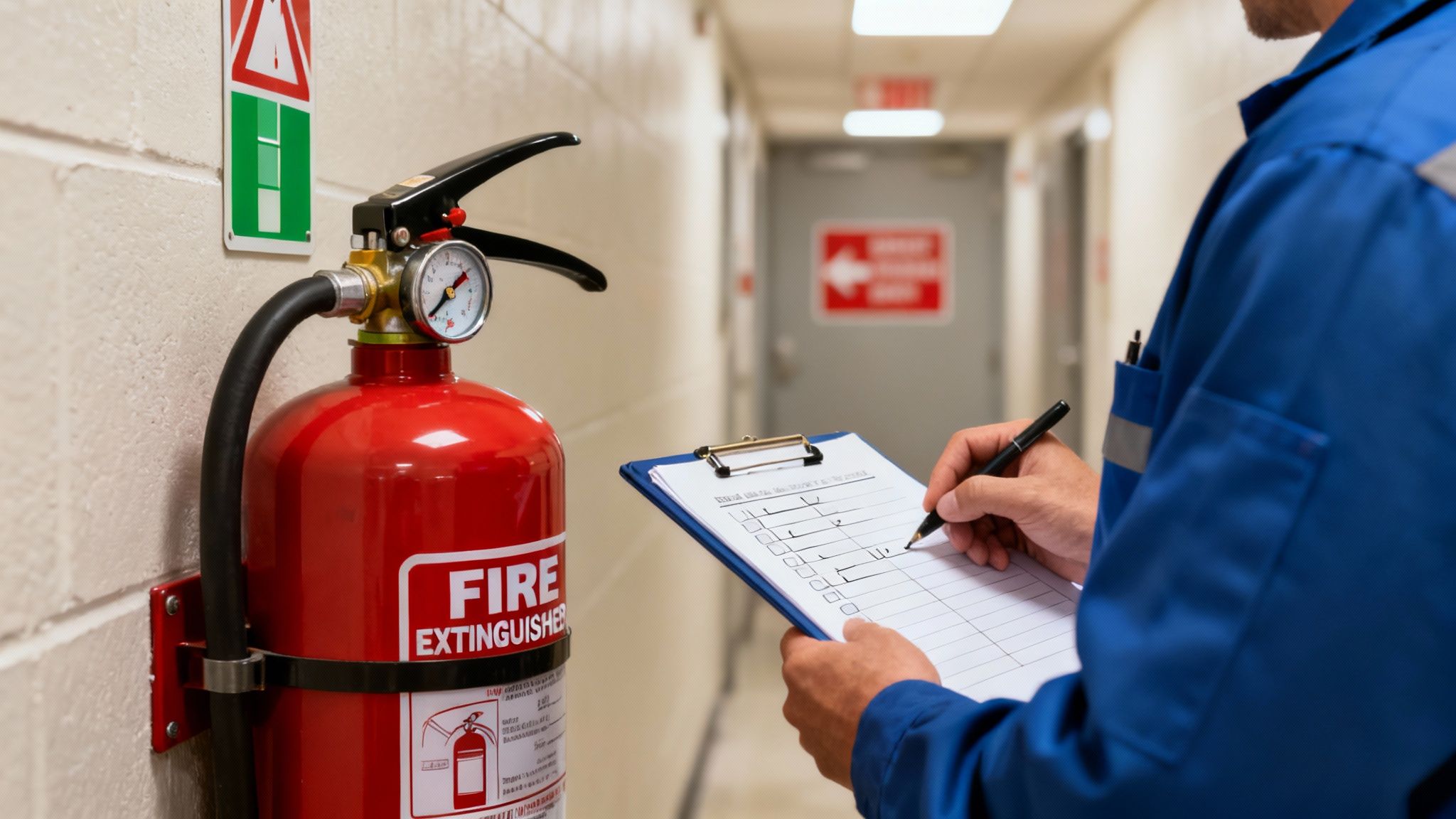 Worker inspecting a red fire extinguisher and filling out a checklist on a clipboard.
