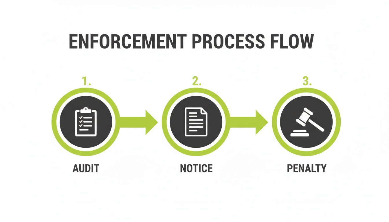 Flowchart illustrating the enforcement process in three steps: 1. Audit (checklist icon), 2. Notice (document icon), and 3. Penalty (gavel icon).