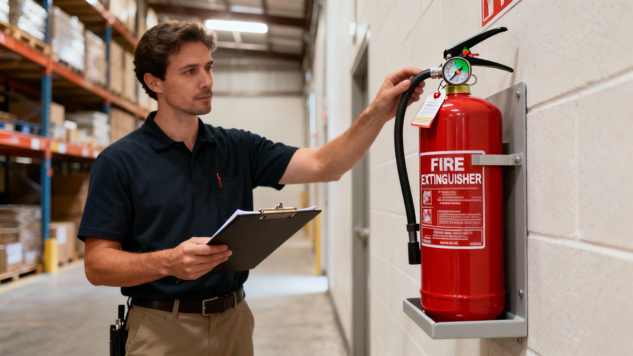 Technician performs a maintenance check on a wall-mounted fire extinguisher in a warehouse.