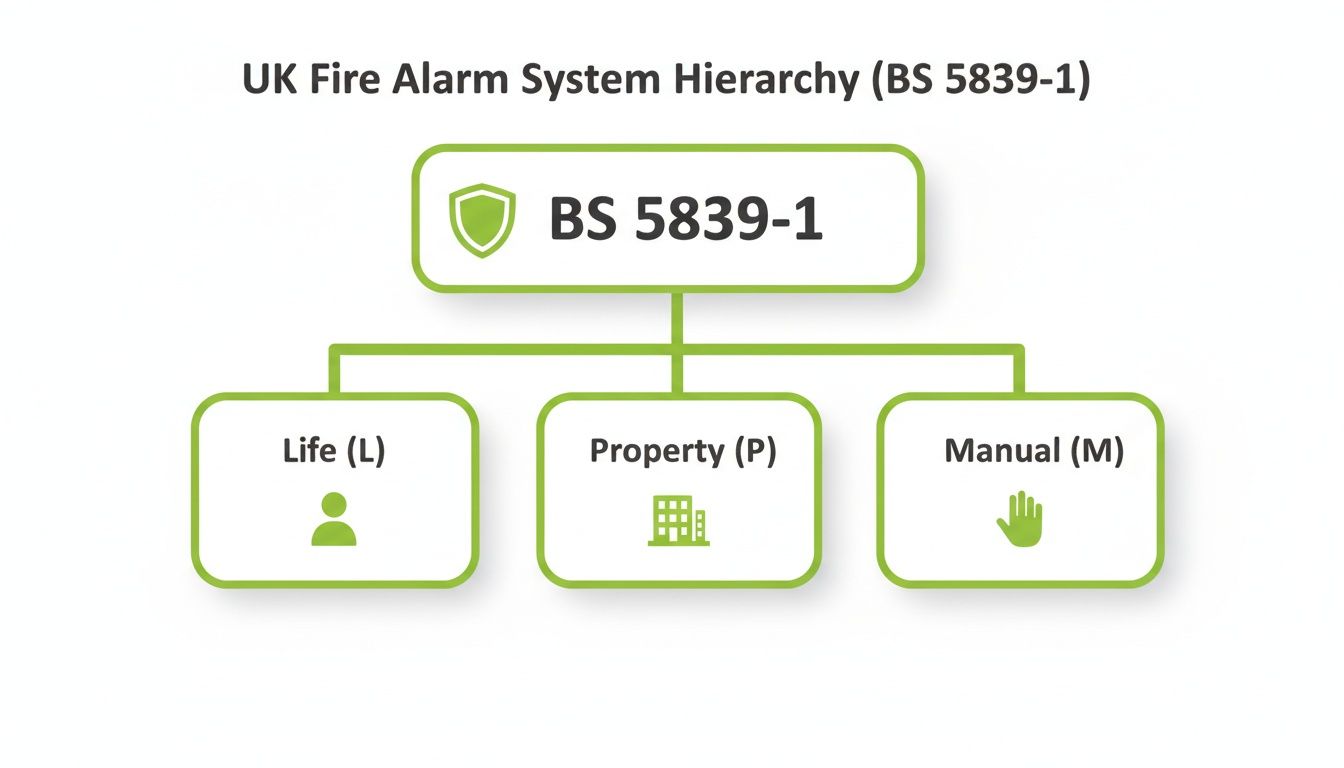 UK fire alarm system hierarchy (BS 5839-1) categorized by Life, Property, and Manual systems.