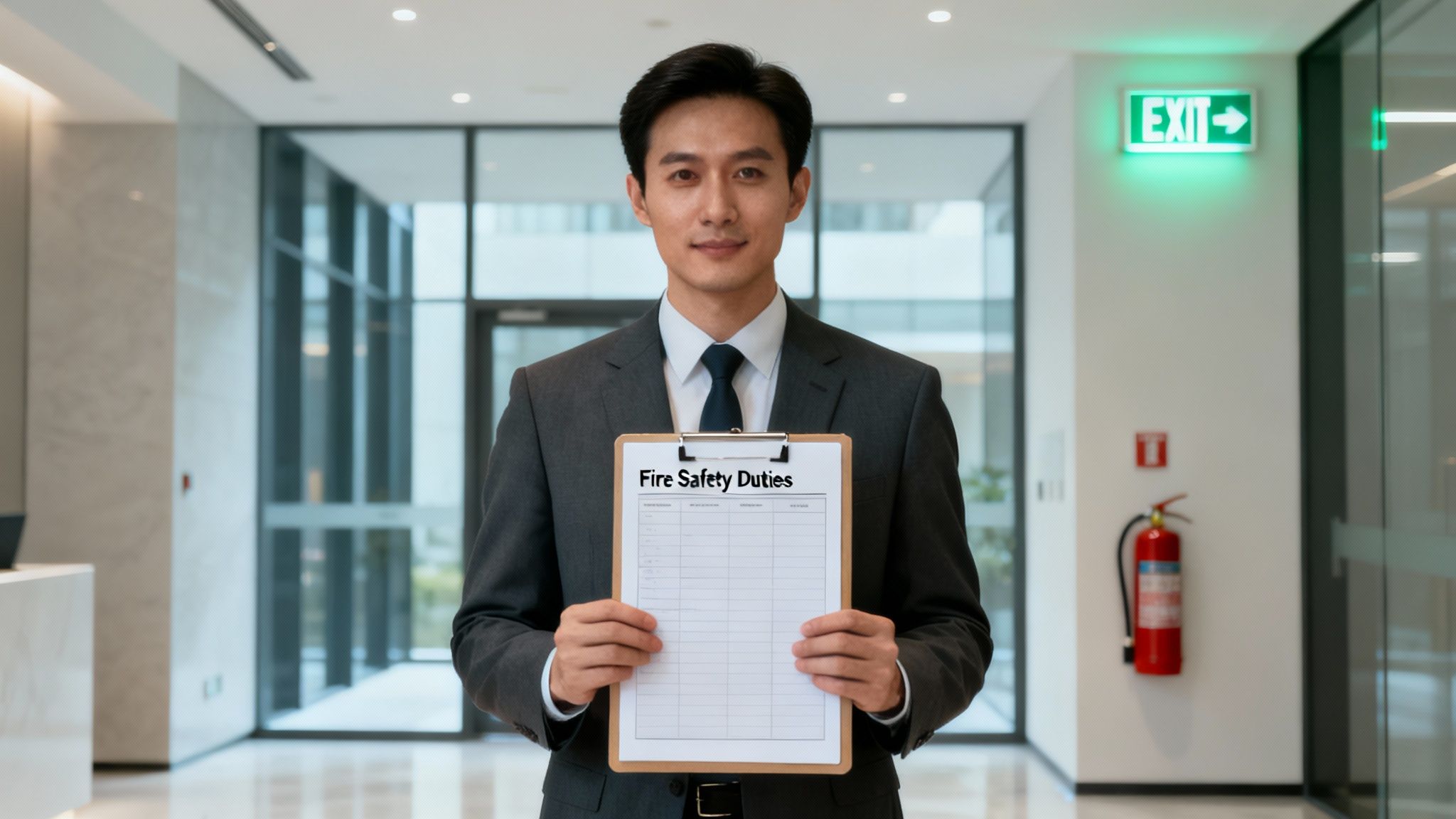 A professional man in a suit holds a clipboard displaying 'Fire Safety Duties' in an office corridor with an exit sign and fire extinguisher.