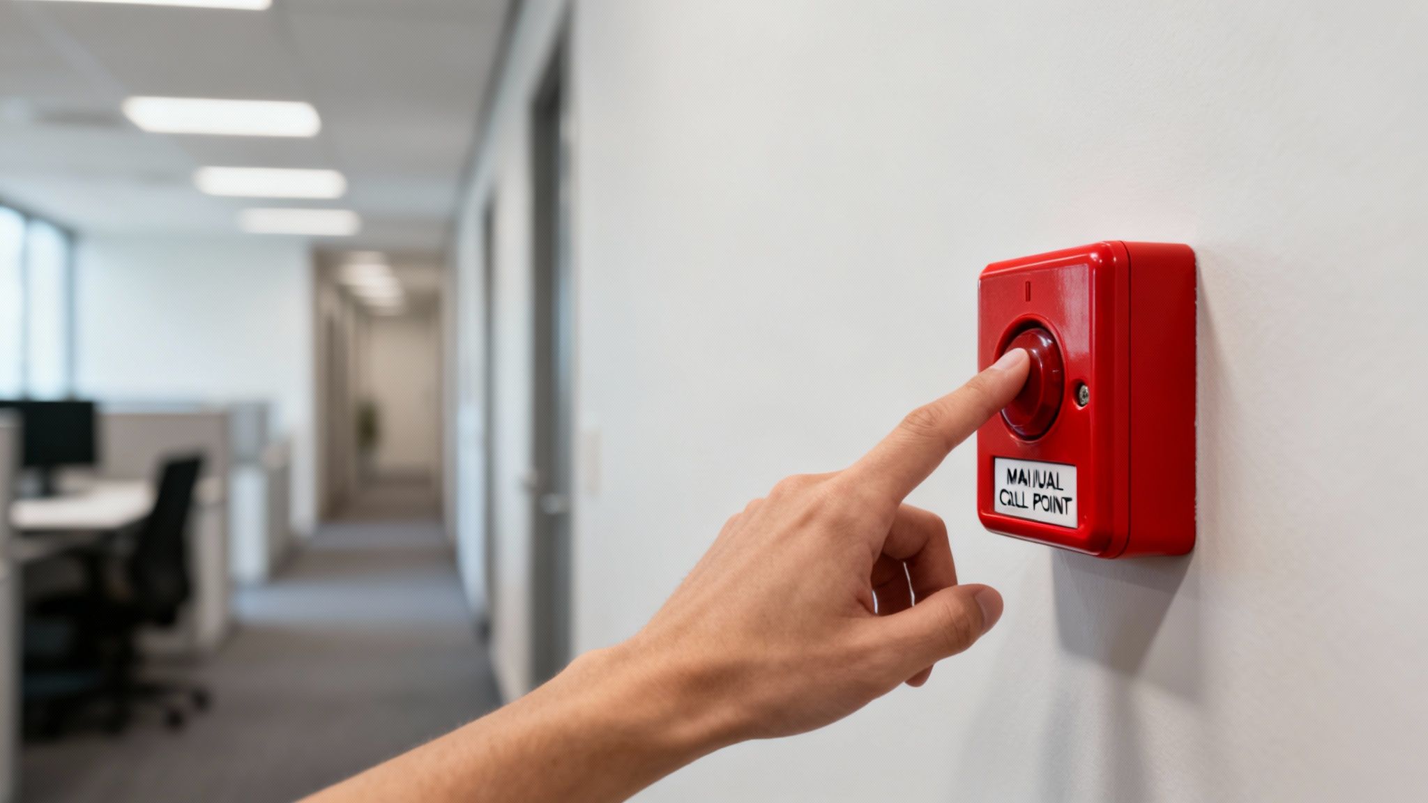 A person's hand presses a red manual fire alarm call point on a white office wall.