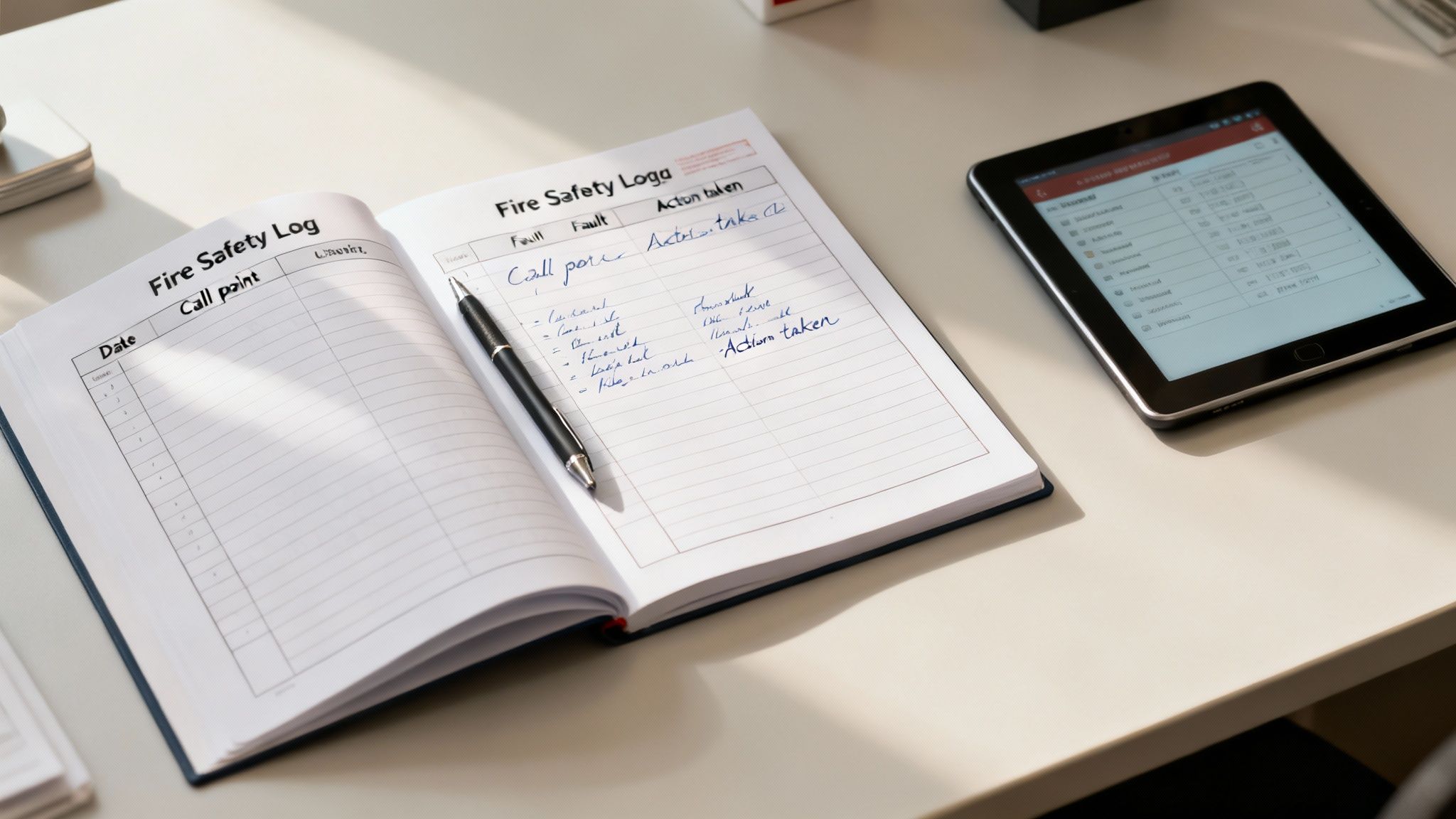 Fire safety logbook open on a desk with a pen and a tablet displaying a checklist.