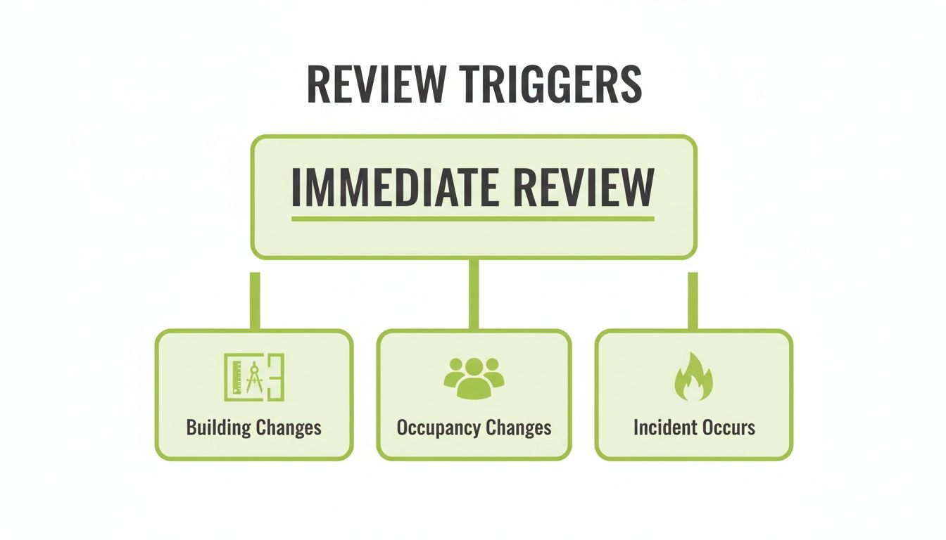 Flowchart outlining immediate review triggers for fire risk assessments: building changes, occupancy changes, and incidents.