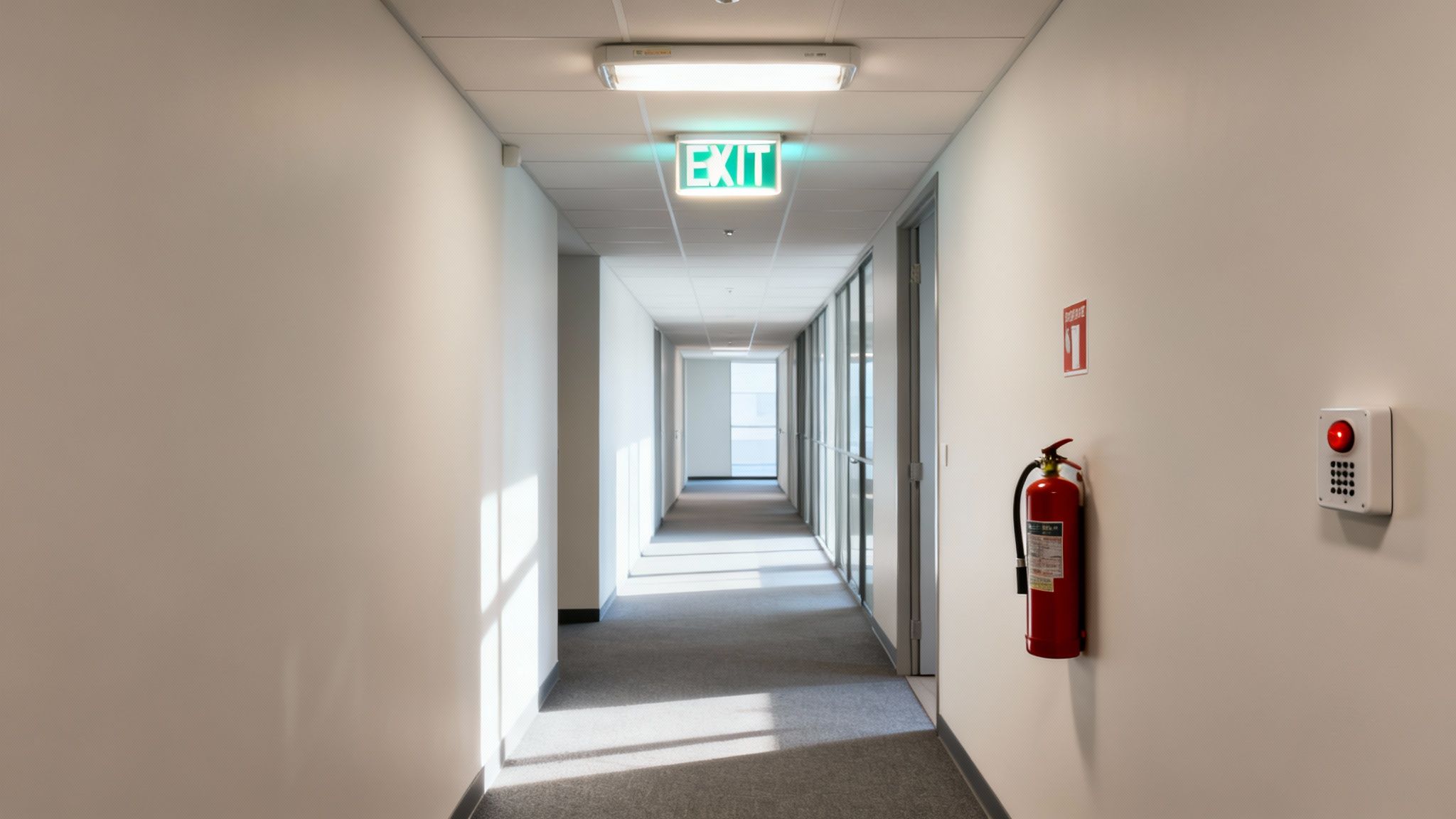 A well-lit commercial hallway with an emergency exit sign, fire extinguisher, and call point.