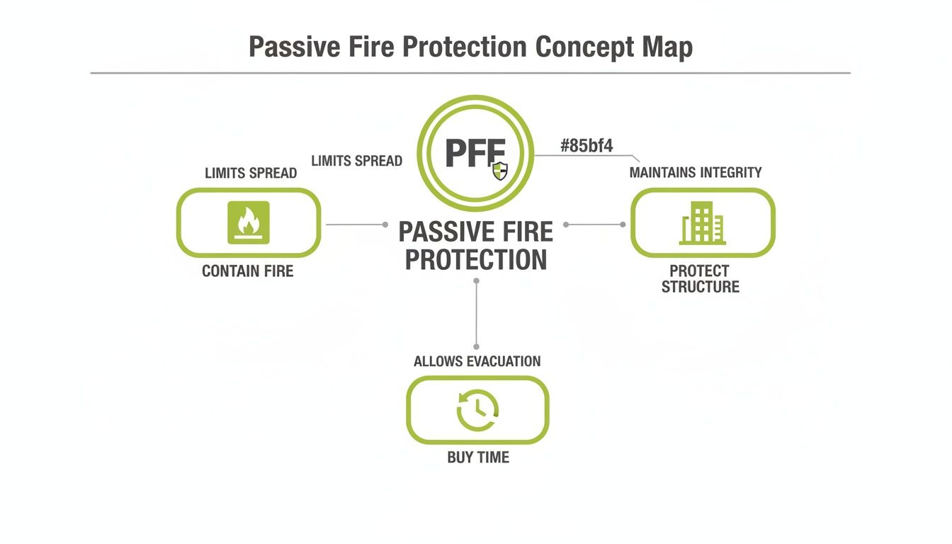 A concept map explains Passive Fire Protection, detailing how it contains fire, protects structures, and allows time for evacuation.