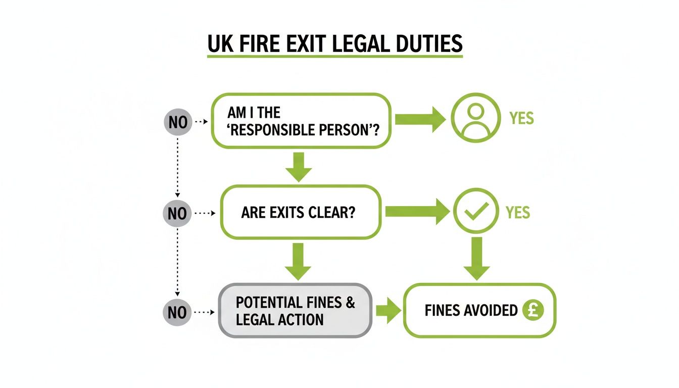 UK fire exit legal duties flowchart showing steps to avoid fines for responsible persons.