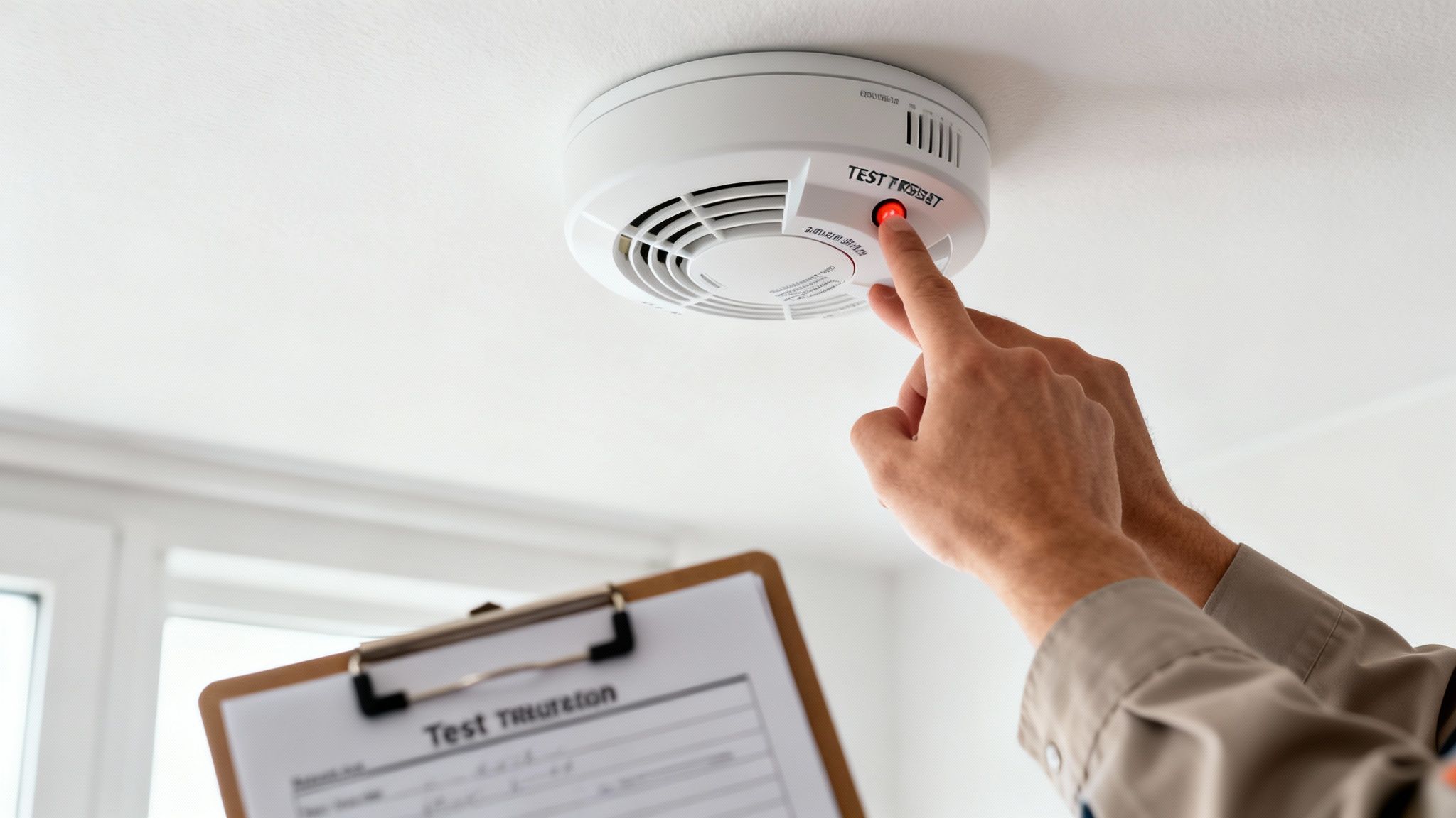 A person's hand presses the red test button on a white smoke detector on a ceiling, performing a safety check.