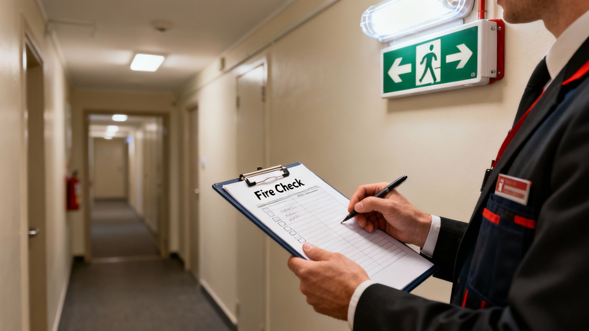 Safety officer conducting a fire safety check in a hallway with an emergency exit sign.