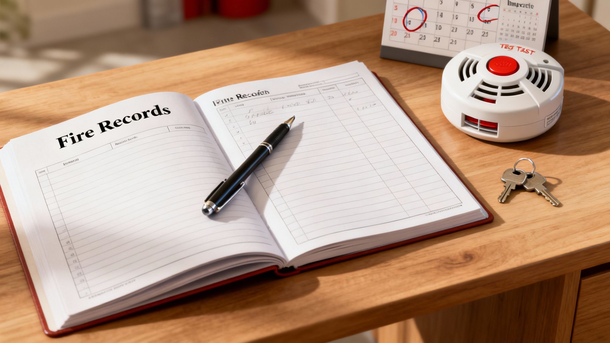 A Fire Records logbook open on a wooden table with a smoke detector, calendar, and keys, ready for fire safety checks.