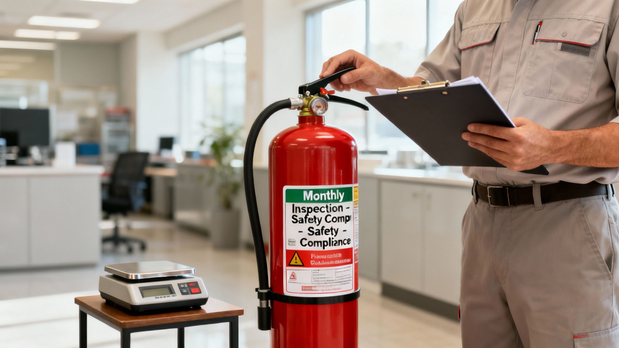 A technician in uniform inspecting a red fire extinguisher with a clipboard and scale in an office.
