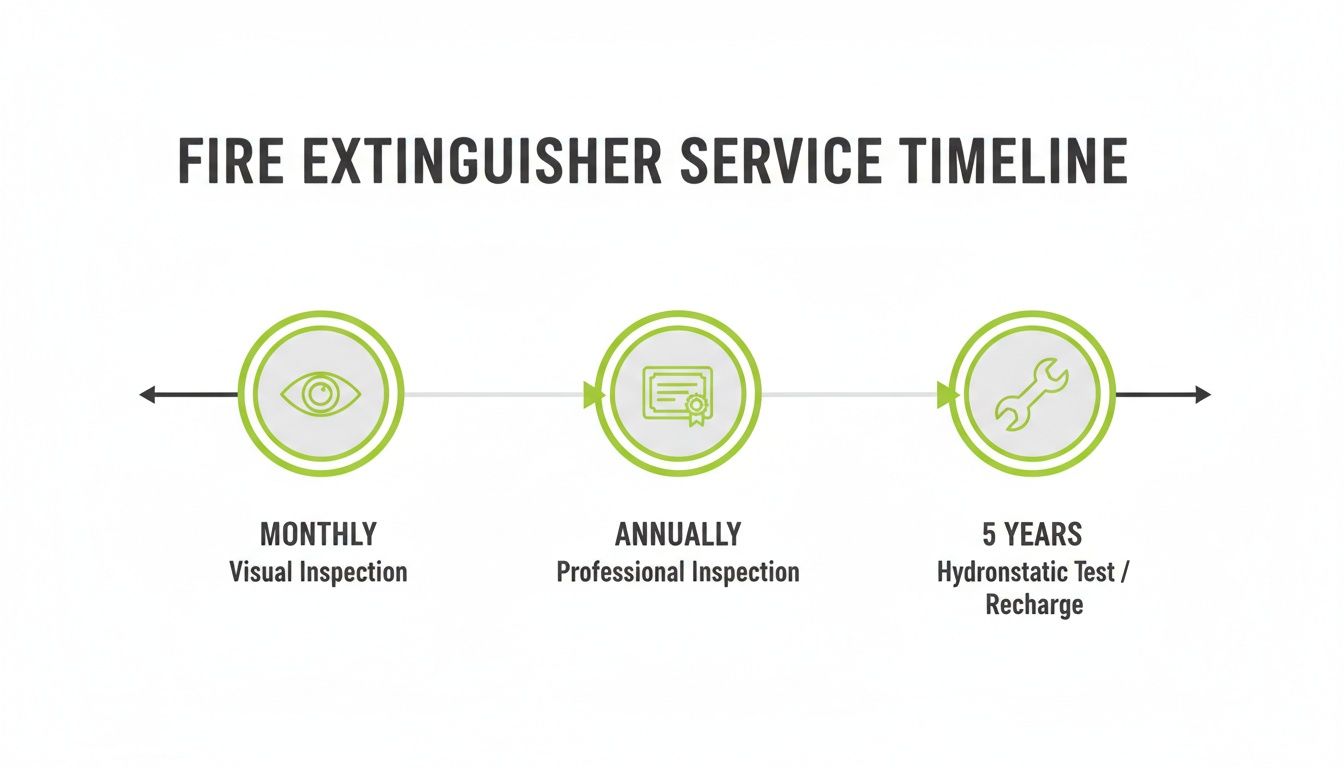 Timeline showing fire extinguisher service schedule: monthly visual, annual professional, and 5-year hydrostatic test.