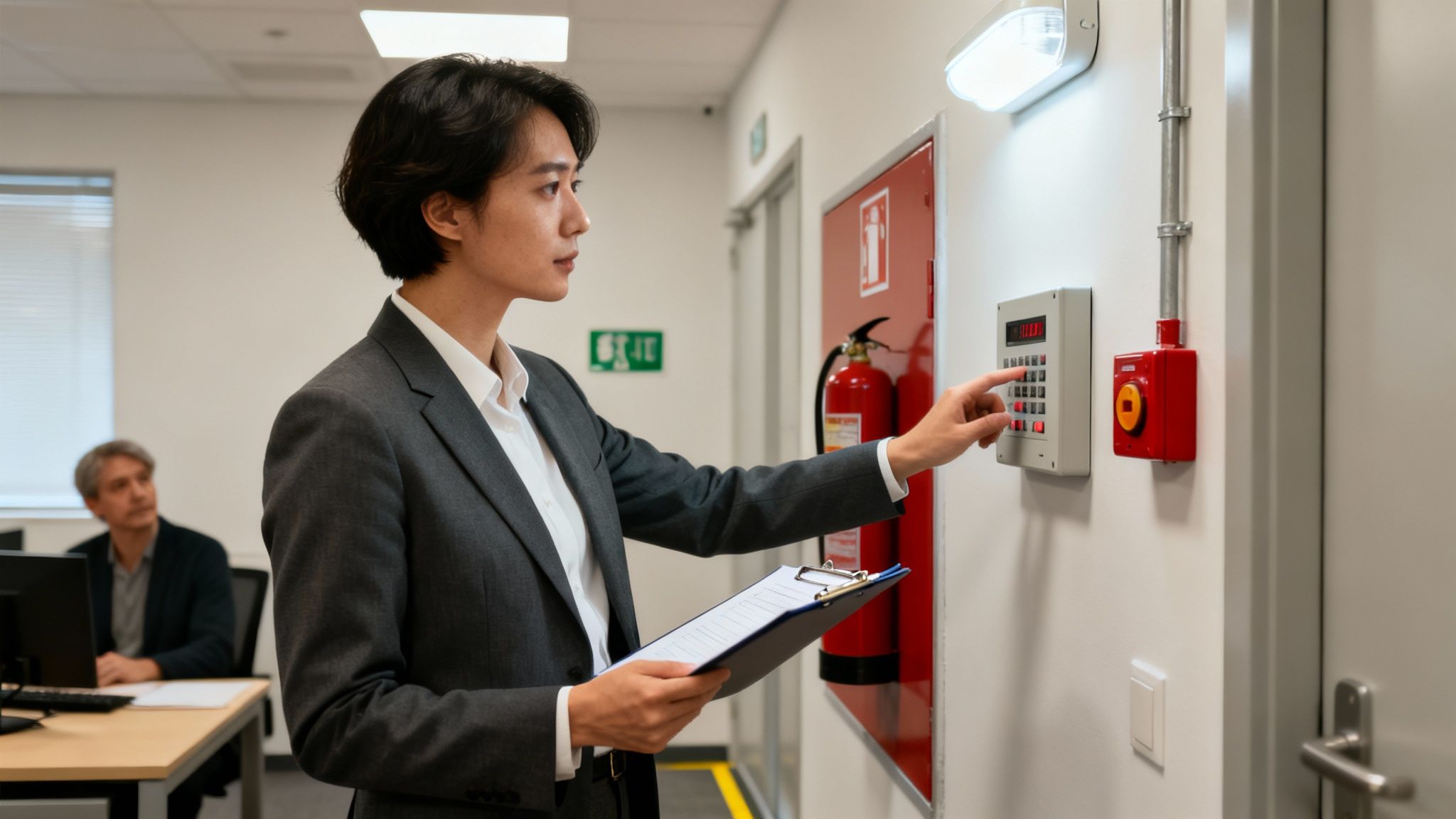 A safety officer checks a fire alarm panel and fire safety equipment during an inspection.