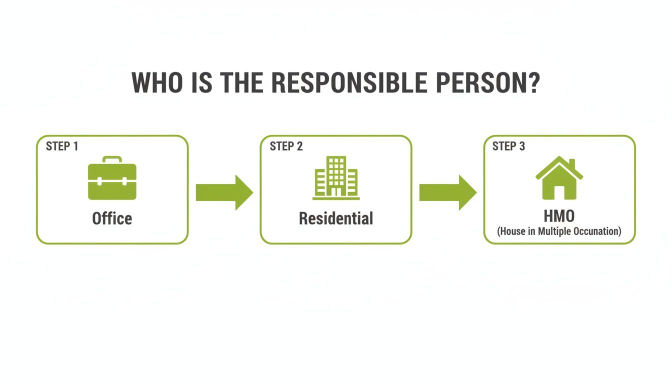 Flowchart illustrating steps to identify the responsible person for fire safety in office, residential, or HMO properties.
