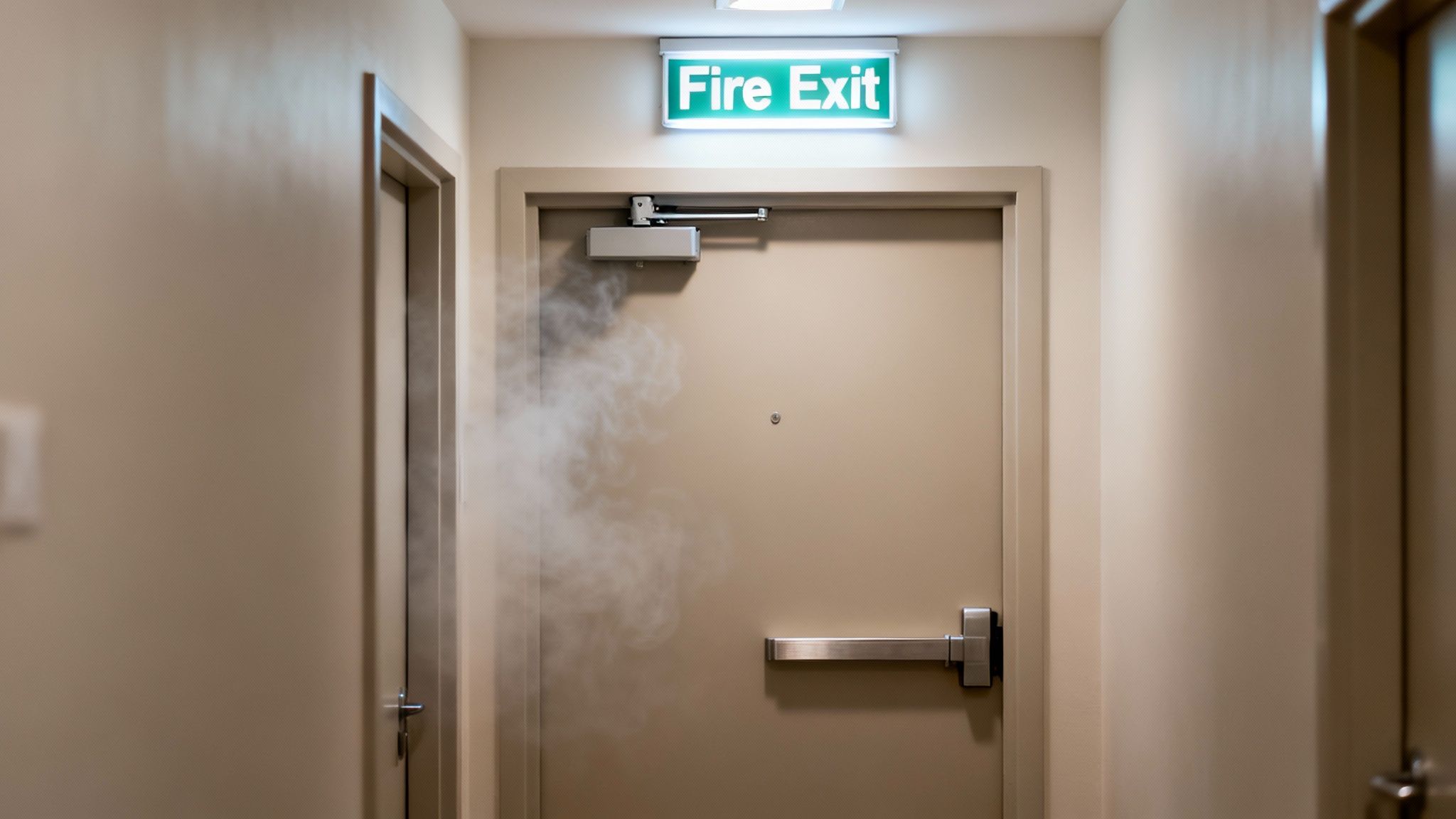 A fire exit door in a hallway with a bright green 'Fire Exit' sign above, and smoke emerging from the left side of the door.