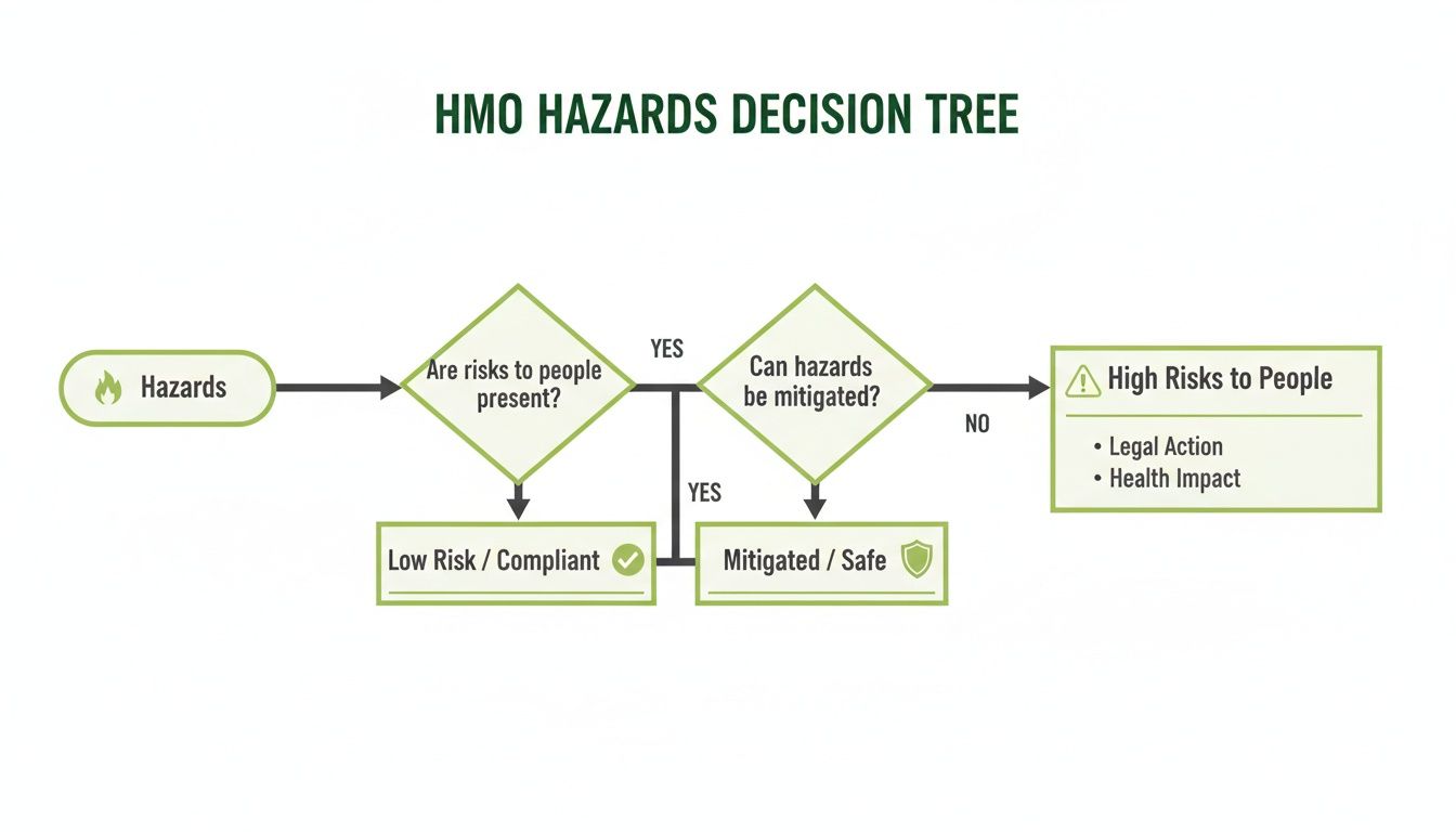HMO Hazards Decision Tree flowchart outlining risk assessment steps and outcomes.
