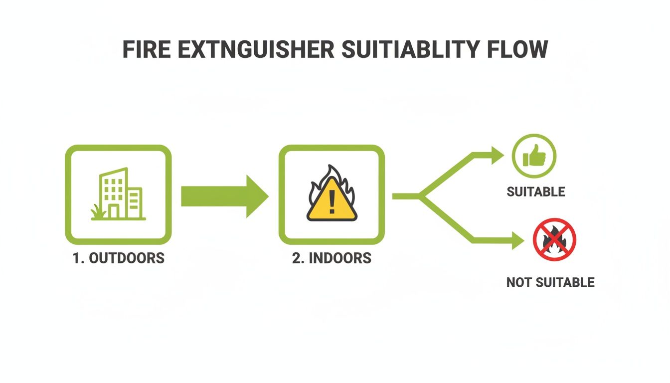Flowchart illustrating fire extinguisher suitability decisions for both outdoor and indoor fire scenarios.