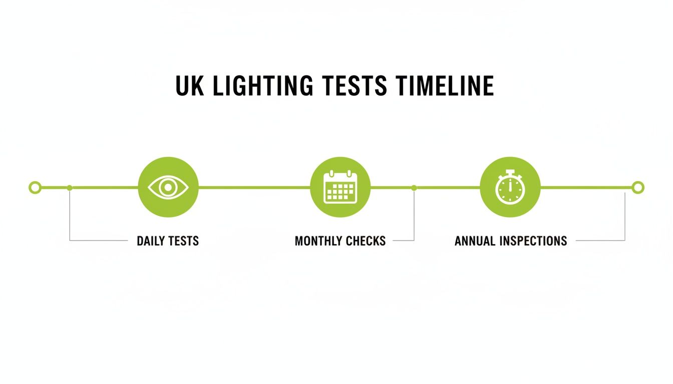 A timeline graphic outlining UK lighting test requirements: daily tests, monthly checks, and annual inspections.