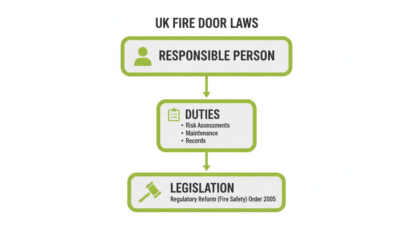 Flowchart illustrating UK fire door laws, outlining the responsible person, their duties, and governing legislation.