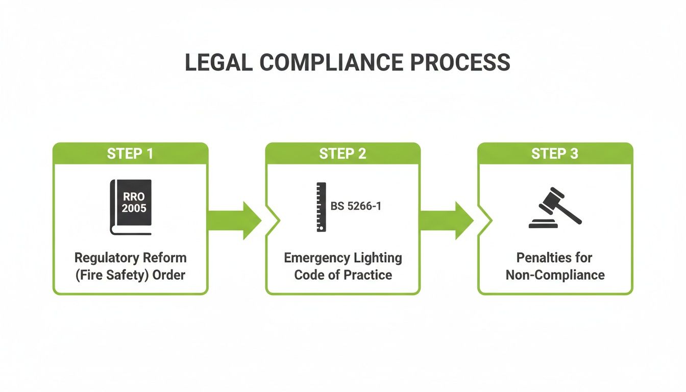 A flowchart illustrating the three-step legal compliance process for emergency lighting systems.