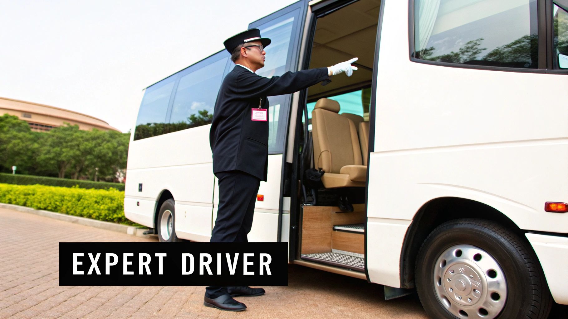 A professional driver in uniform smiling from the driver's seat of a clean, modern minibus.