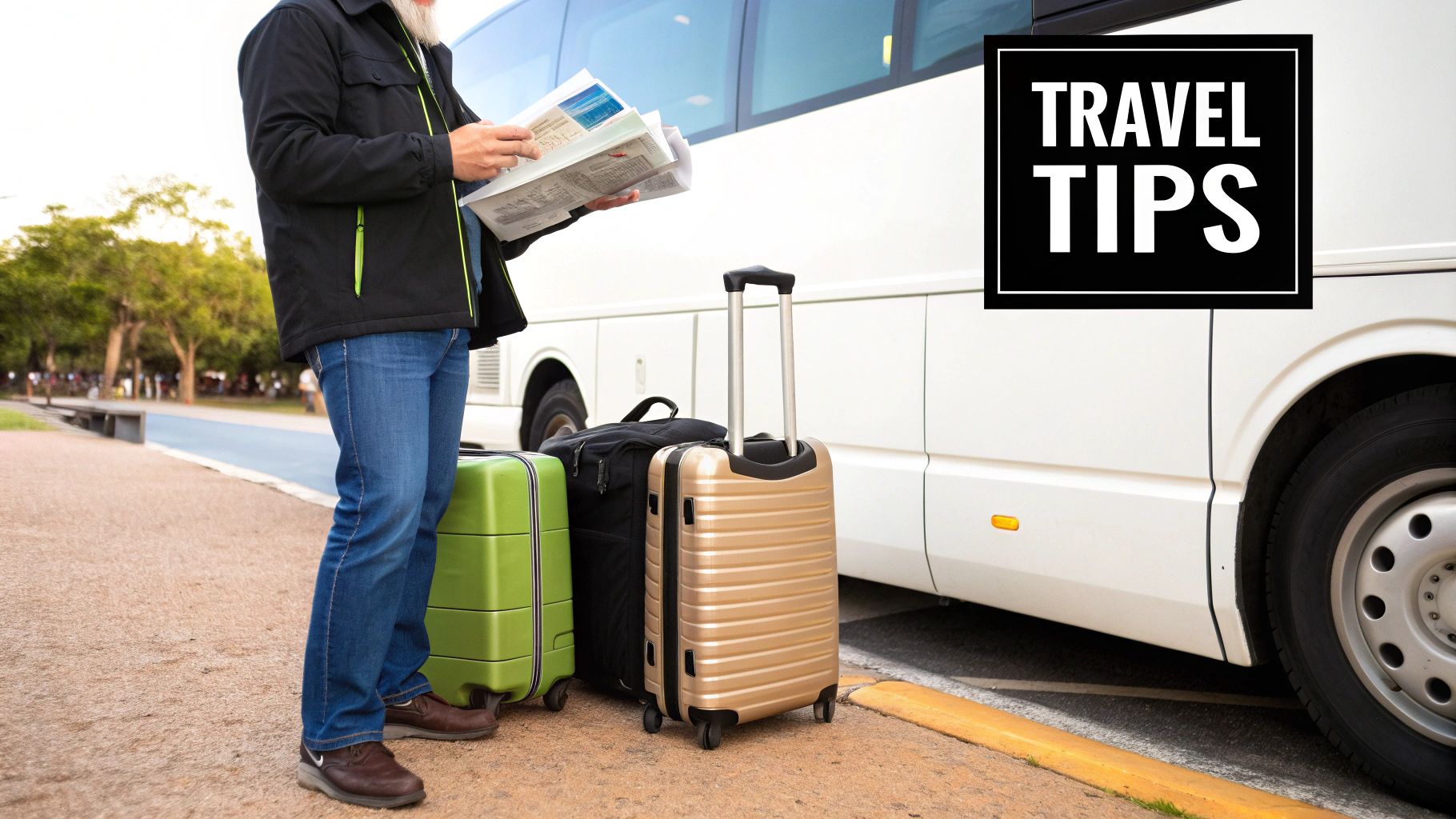People managing luggage for a minibus trip.