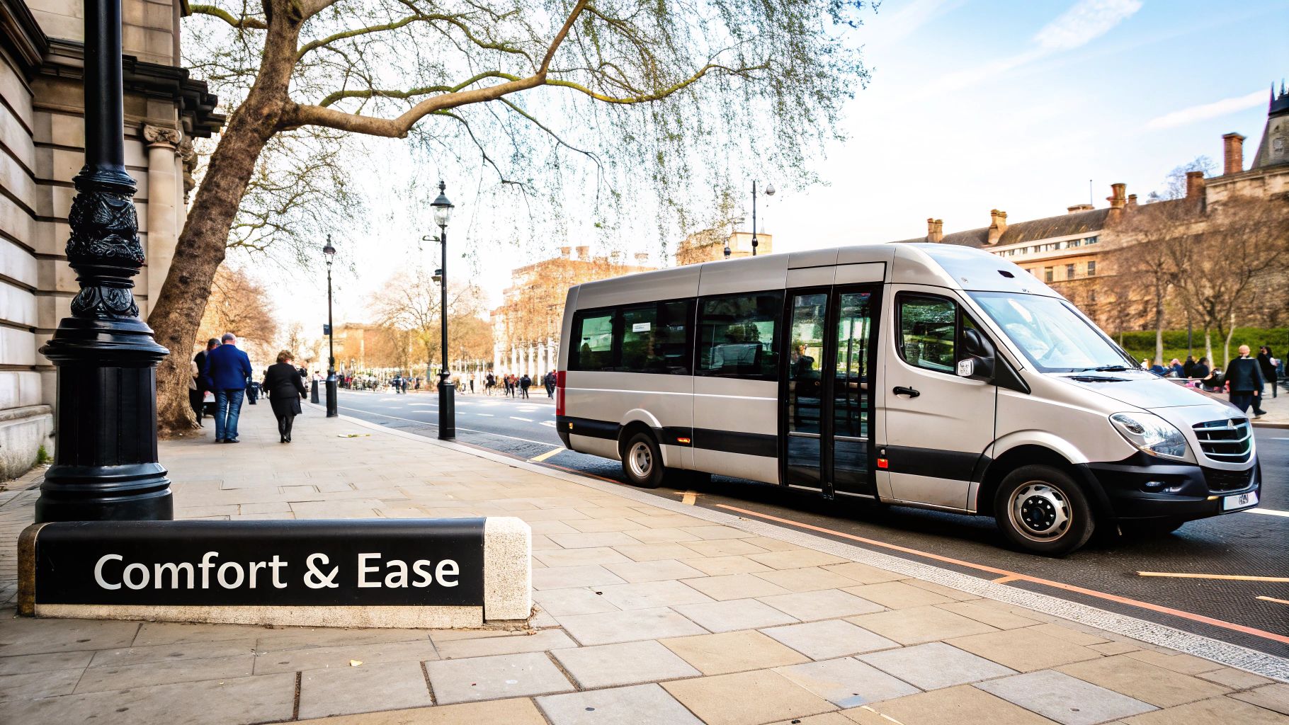 Group of friends with luggage preparing for travel with a minibus in London