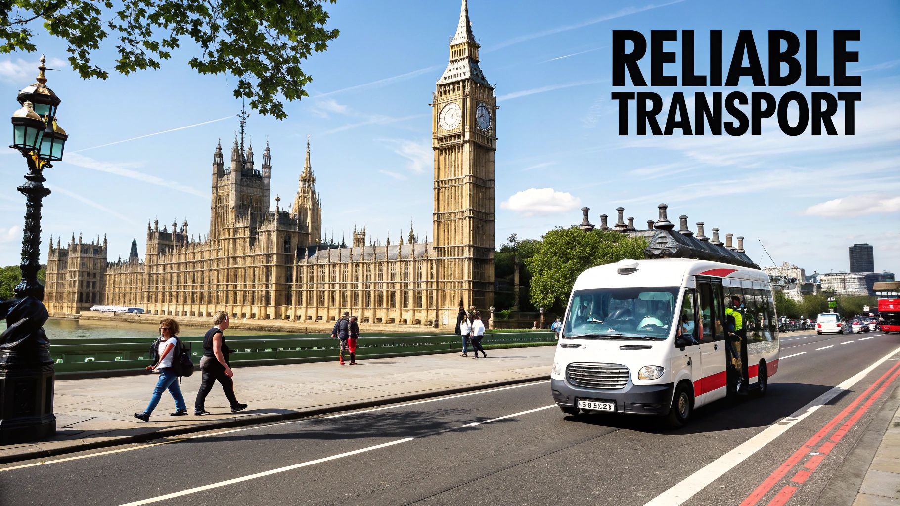 A modern white minibus parked on a London street, ready for group travel.