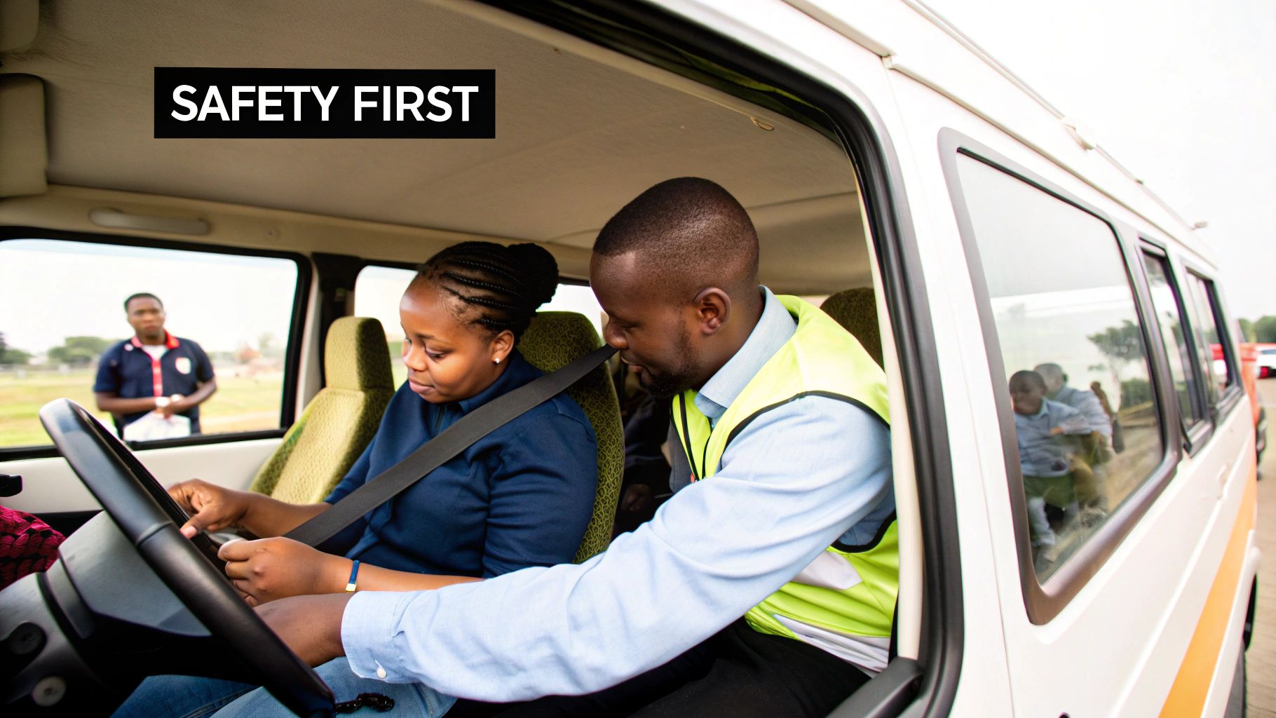 Person holding keys in front of a 12 seater minibus, ready for a trip.