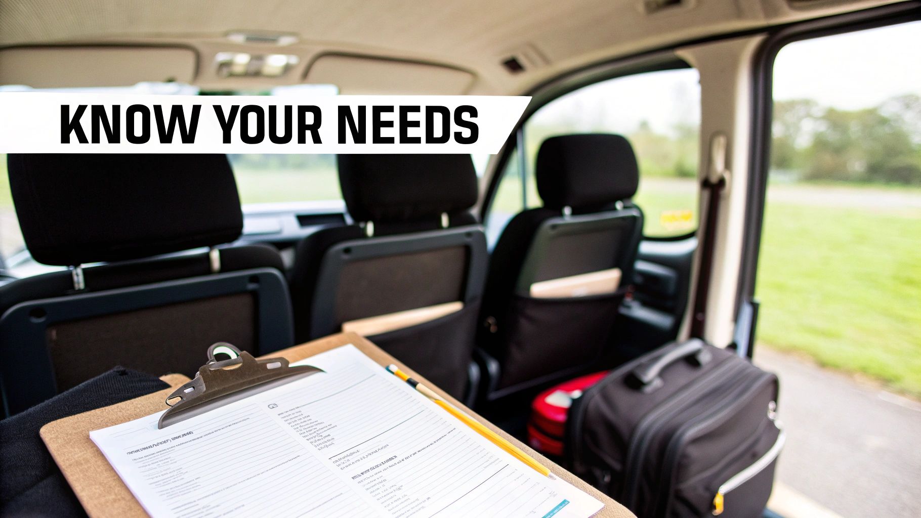 A group of friends laughing and loading luggage into the back of a minibus.