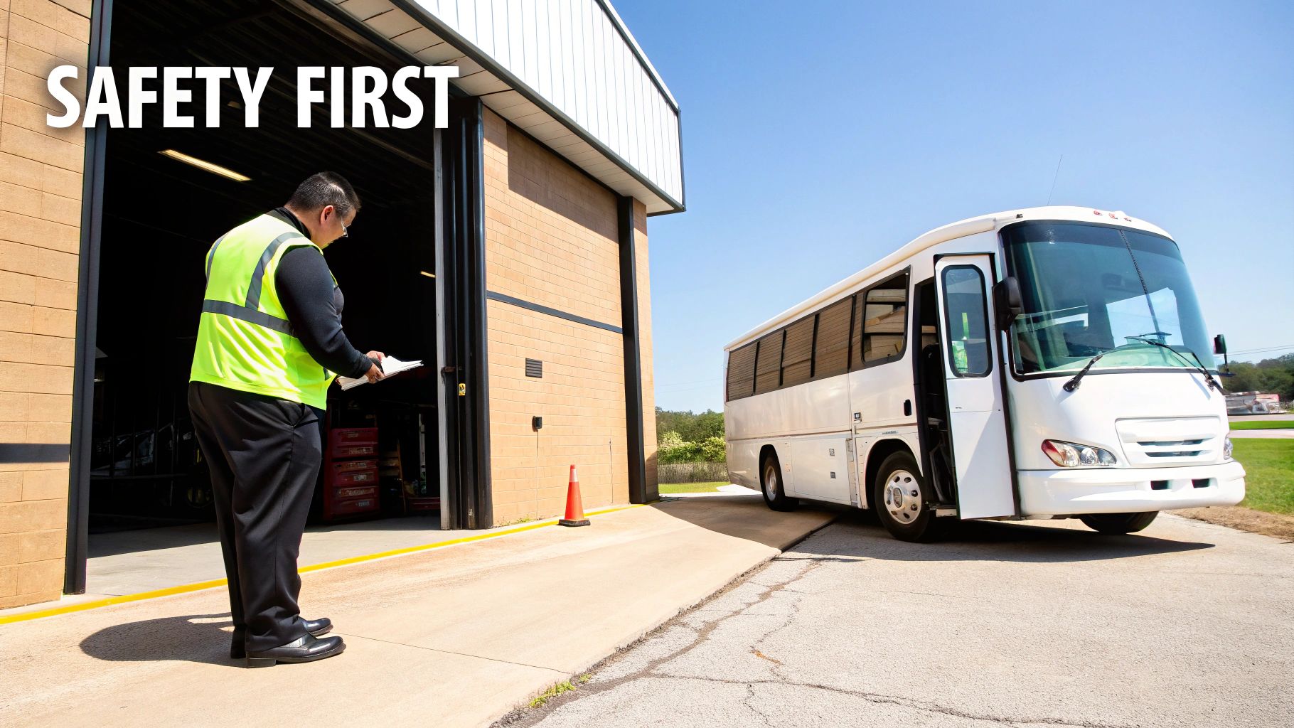 A professional driver smiling from the driver's seat of a clean minibus.
