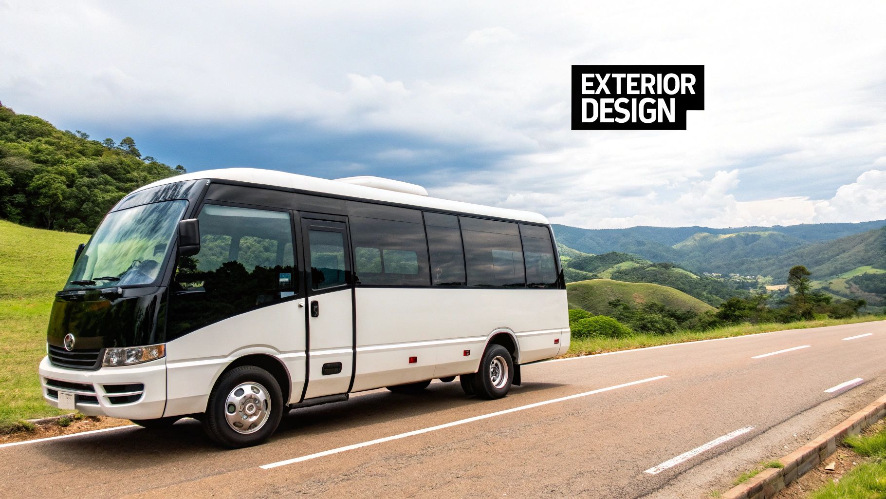 A clean 20-seat mini bus parked on a city street, ready for a trip.
